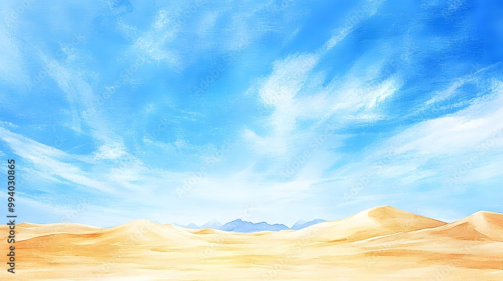Desert dunes under a bright blue sky, watercolor strokes emphasizing the vastness Desert dunes under a bright blue sky, watercolor strokes emphasizing the vastness