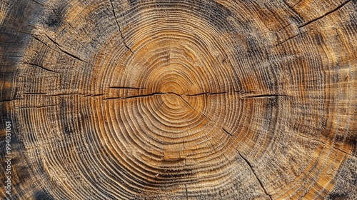 Cross-section of an old tree trunk, revealing detailed growth rings and texture, perfect as a wooden background or template.