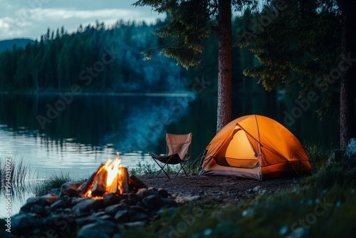 A serene lakeside campsite with a glowing orange tent, a cozy campfire, and trees surrounding the peaceful scene at dusk. photo