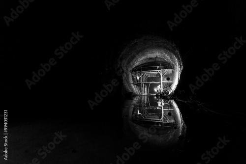 Electric tunnel drilling, black and white photo