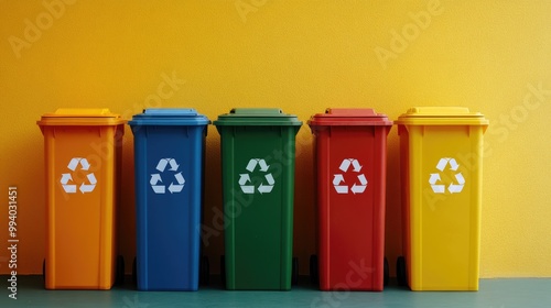 Eco-friendly bins in different colors, labeled for separating waste, recyclables, and compost, against a solid color background with room for text about environmental sustainability.