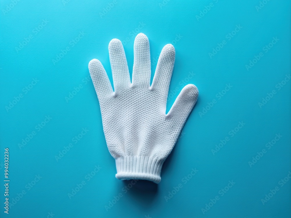 A solitary hand in a crisp white reusable glove stands out against a bright blue background, conveying cleanliness and sustainability in a modern Still Life composition. A solitary hand in a crisp white reusable glove stands out against a bright blue background, conveying cleanliness and sustainability in a modern Still Life composition.