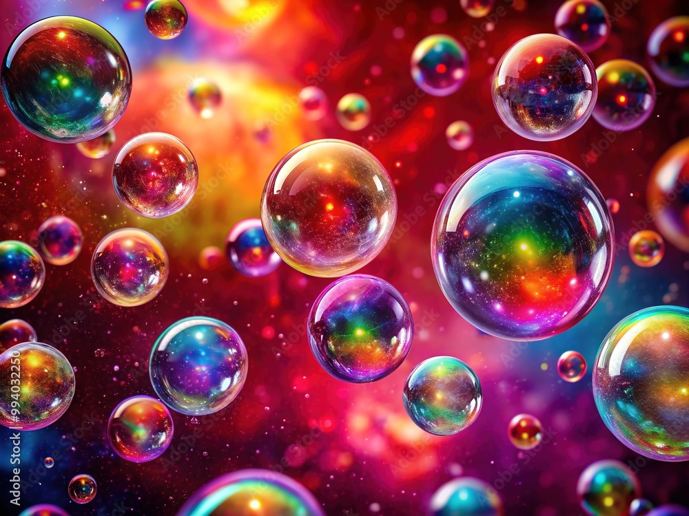 Vibrant, iridescent rainbow bubbles suspended in mid-air on a bold, crimson background, shimmering with mesmerizing colors and light refractions, creating a magical atmosphere. Vibrant, iridescent rainbow bubbles suspended in mid-air on a bold, crimson background, shimmering with mesmerizing colors and light refractions, creating a magical atmosphere.