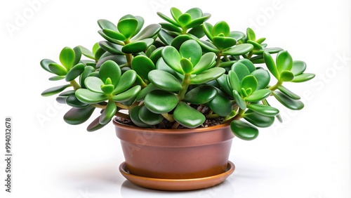 Vibrant green jade plant with lush, plump leaves and sturdy stems is beautifully isolated on a crisp white background, evoking feelings of serenity and calmness.