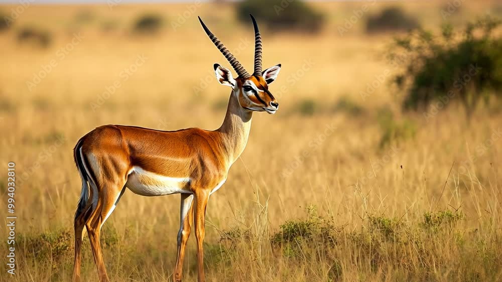 A graceful gazelle stands in a field of tall grass, its long horns reaching towards the sky A graceful gazelle stands in a field of tall grass, its long horns reaching towards the sky