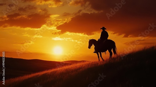 majestic silhouette of lone cowboy on horseback framed against a spectacular sunset rolling hills and vast prairie create a sense of adventure and freedom in this iconic western scene