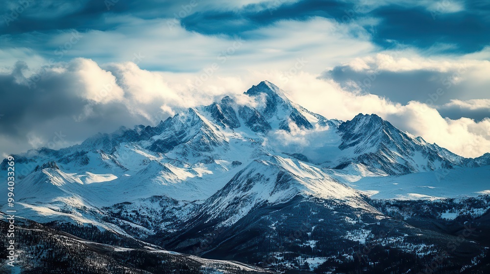 majestic snowcapped mountain peaks pierce through wispy clouds dramatic lighting accentuates the rugged terrain and pristine snowfields against a backdrop of pure azure sky majestic snowcapped mountain peaks pierce through wispy clouds dramatic lighting accentuates the rugged terrain and pristine snowfields against a backdrop of pure azure sky