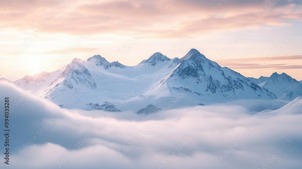 majestic snowcapped mountain range piercing through a sea of clouds panoramic winter landscape bathed in soft ethereal light majestic snowcapped mountain range piercing through a sea of clouds panoramic winter landscape bathed in soft ethereal light