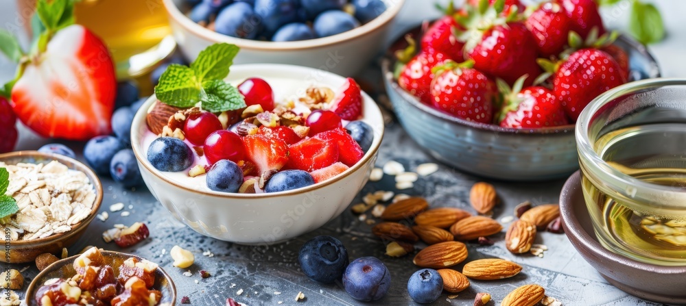 Healthy Breakfast Spread Featuring Yogurt, Berries, Nuts, and Green Tea for Optimal Nutrition Healthy Breakfast Spread Featuring Yogurt, Berries, Nuts, and Green Tea for Optimal Nutrition