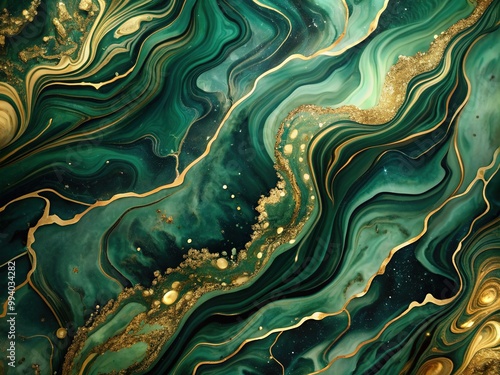 Luxurious dark green marbled stone background with gold painted splashes and swirling ink-like fluid patterns, evoking opulence and sophistication in this abstract texture design.