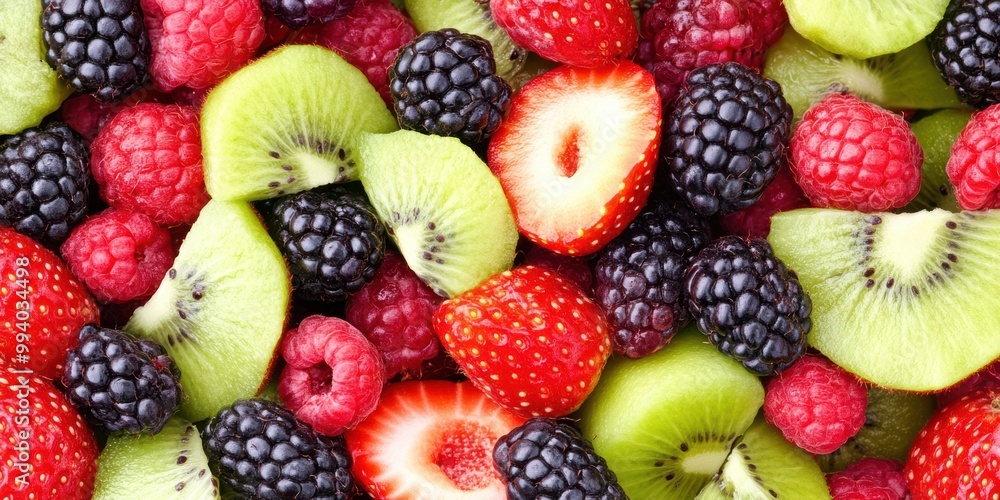 Obraz premium Fresh Fruit Salad with Kiwi Strawberries Raspberries and Blackberries