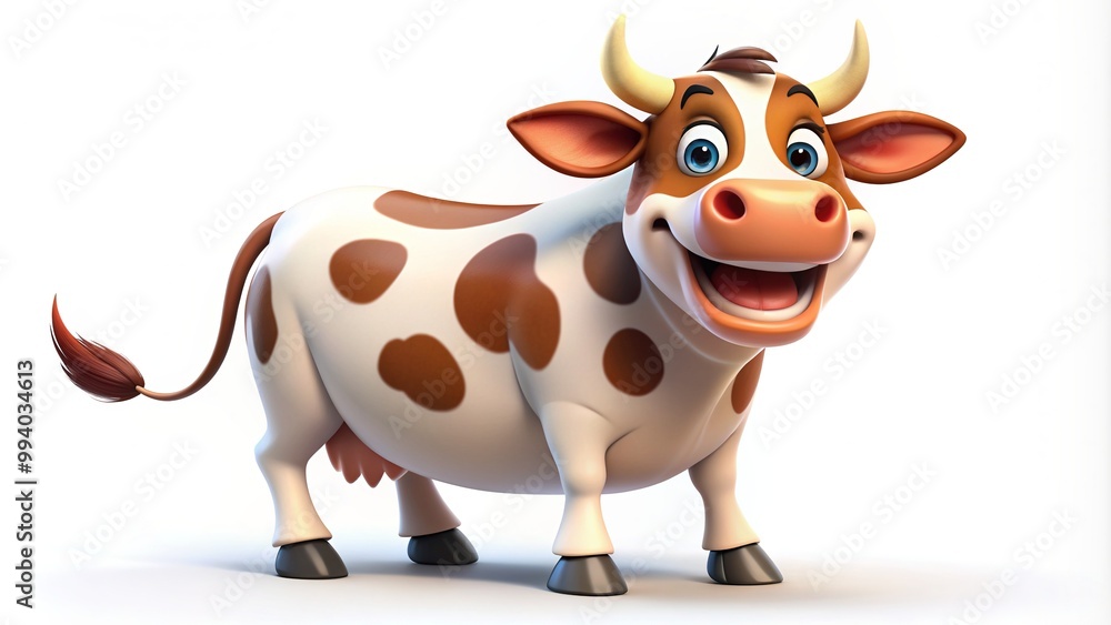 Happy cartoon cow with shiny horns and a wide cheerful smile stands alone on a white background, showcasing its playful and friendly personality. Happy cartoon cow with shiny horns and a wide cheerful smile stands alone on a white background, showcasing its playful and friendly personality.