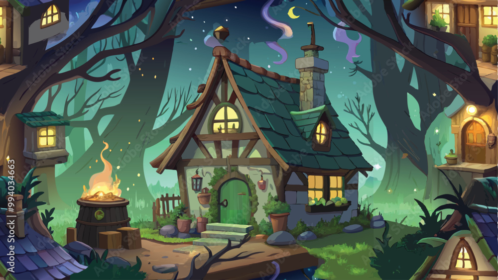 Fototapeta premium Print The Witchs Cottage in the Woods Halloween Background Vector Illustration of Spooky Forest Scene with Haunted House