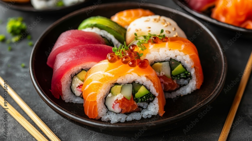 A vibrant platter of sushi rolls featuring fresh seafood, colorful toppings, and garnished with herbs, served with chopsticks on a dark background. A vibrant platter of sushi rolls featuring fresh seafood, colorful toppings, and garnished with herbs, served with chopsticks on a dark background.