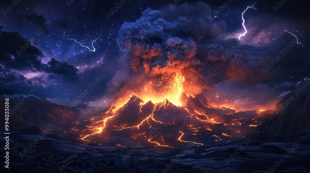 majestic volcano eruption against starry night sky incandescent lava flows billowing ash clouds lit by fiery glow lightning strikes within plume surrounding landscape dramatically illuminated majestic volcano eruption against starry night sky incandescent lava flows billowing ash clouds lit by fiery glow lightning strikes within plume surrounding landscape dramatically illuminated