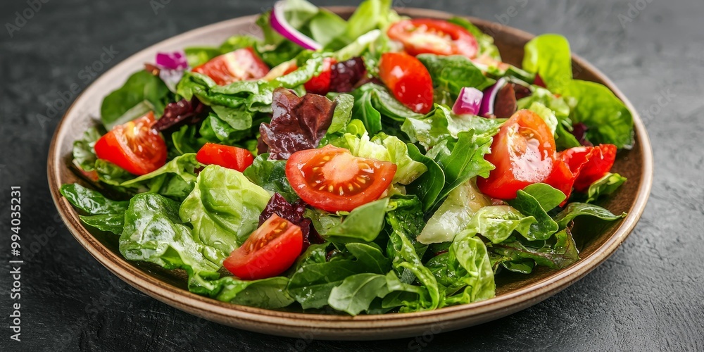 A vibrant salad with fresh greens, cherry tomatoes, and red onion, presented in a brown bowl against a dark background. A vibrant salad with fresh greens, cherry tomatoes, and red onion, presented in a brown bowl against a dark background.
