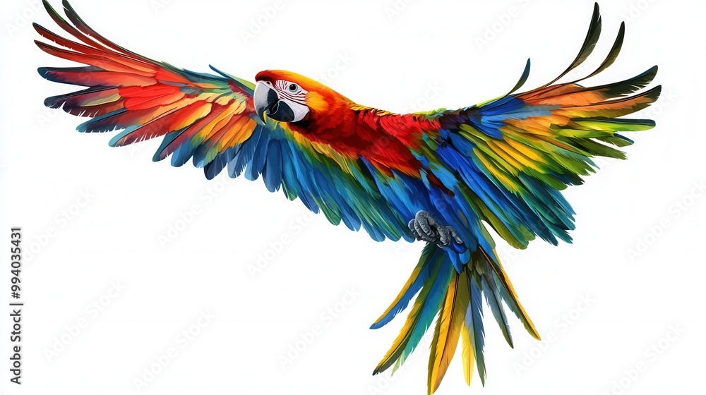 Fototapeta premium Colorful Parrot in Mid Flight with Wings Spread Wide