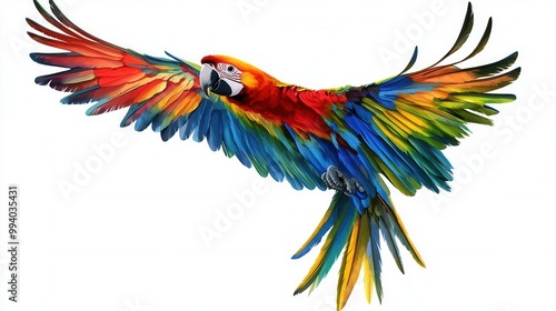 Colorful Parrot in Mid Flight with Wings Spread Wide