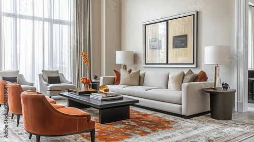 luxurious living room vignette featuring a plush inviting sofa an artfully arranged area rug and carefully curated modern furniture pieces exuding elegance and comfort