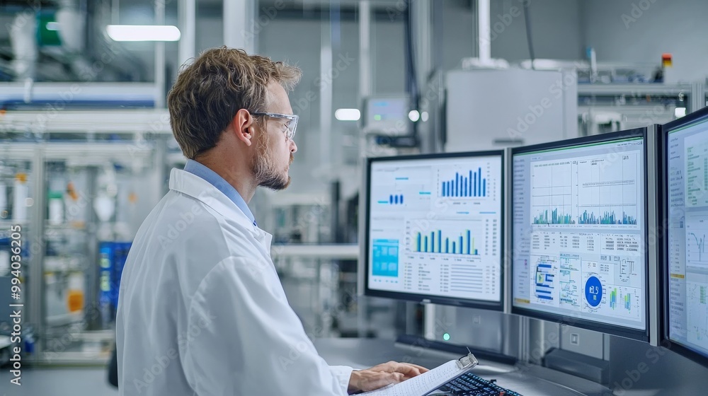 A factory manager conducting a review of production schedules and output data, with charts and graphs visible on a digital dashboard, highlighting the focus on productivity and efficiency A factory manager conducting a review of production schedules and output data, with charts and graphs visible on a digital dashboard, highlighting the focus on productivity and efficiency