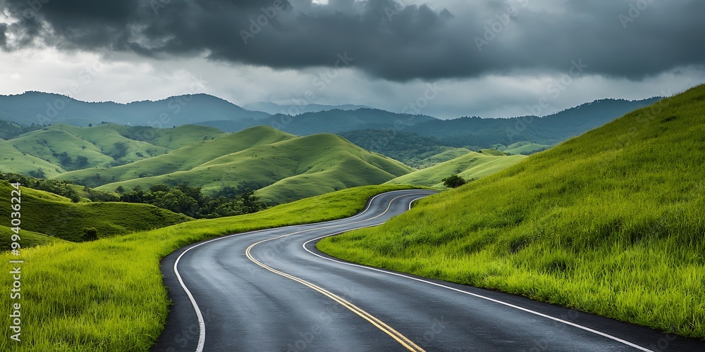 Naklejka premium Winding Mountain Roads with Scenic Views. Beautiful winding mountain roads with lush greenery 