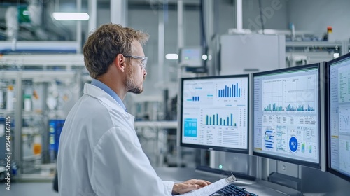 A factory manager conducting a review of production schedules and output data, with charts and graphs visible on a digital dashboard, highlighting the focus on productivity and efficiency