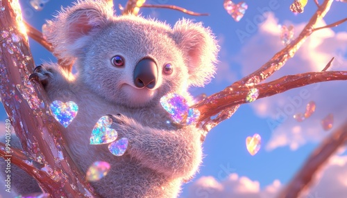 A cute koala sitting on a tree branch surrounded by sparkling hearts and a dreamy sky.