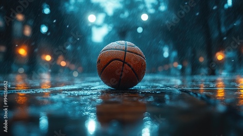 Illuminated Basketball Court at Night Featuring a Basketball Ready for Play