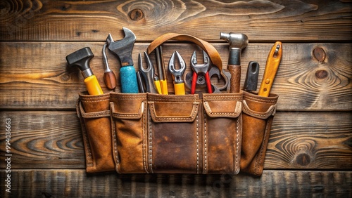 Wallpaper Mural A organized arrangement of construction tooling including a hammer, pliers, and screwdrivers in a worn leather tool belt on a rustic wooden board. Torontodigital.ca