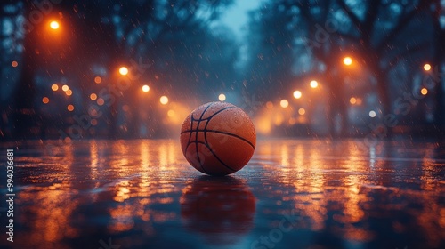 Dynamic Basketball Court Scene Under Bright Lights with Ball Ready for Play