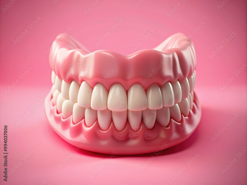 Obraz premium 3D illustration of dentures, dental health concept, false teeth, prosthetic dentistry, oral care, realistic dentures, pink background, dental hygiene