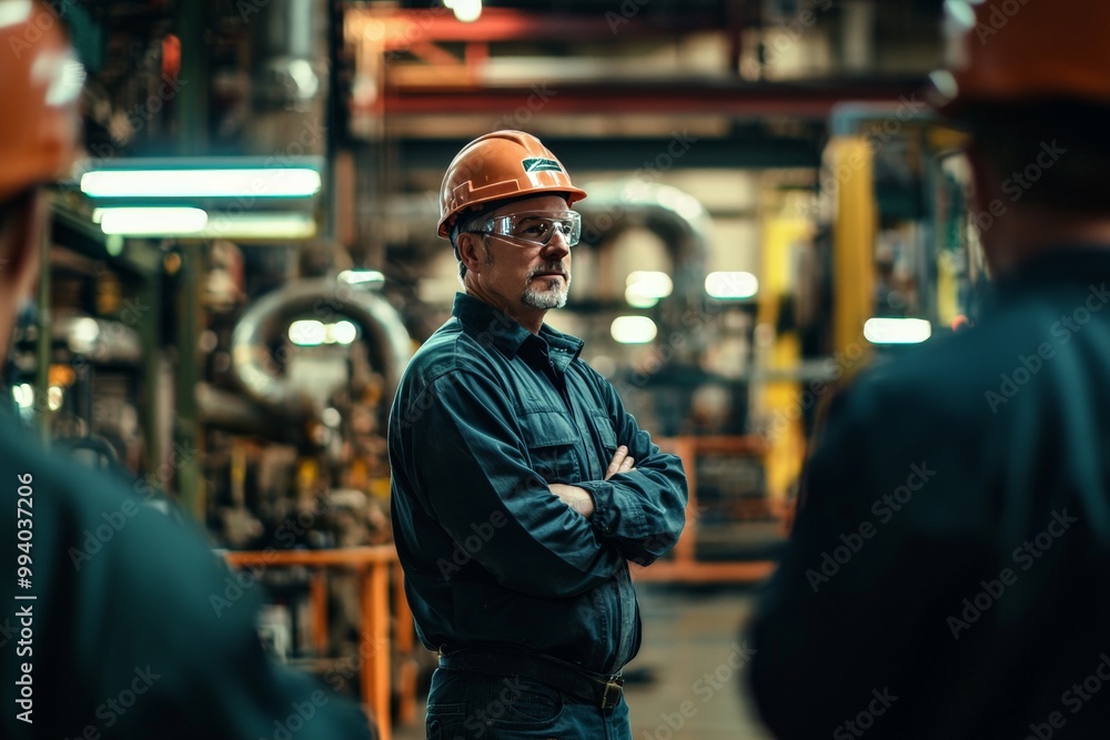 A factory manager leading a team meeting on the factory floor, discussing production targets and safety protocols, illustrating the importance of communication A factory manager leading a team meeting on the factory floor, discussing production targets and safety protocols, illustrating the importance of communication