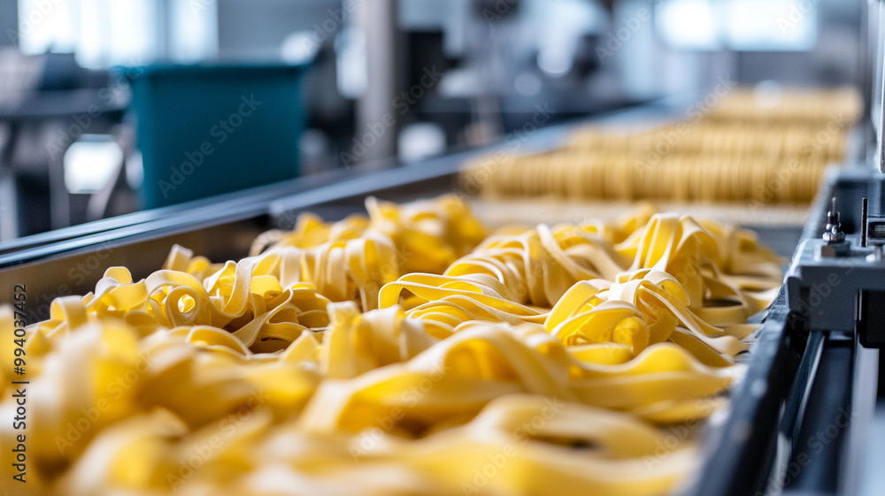 Freshly made pasta noodles on a production line in an artisanal factory during daylight hours Freshly made pasta noodles on a production line in an artisanal factory during daylight hours