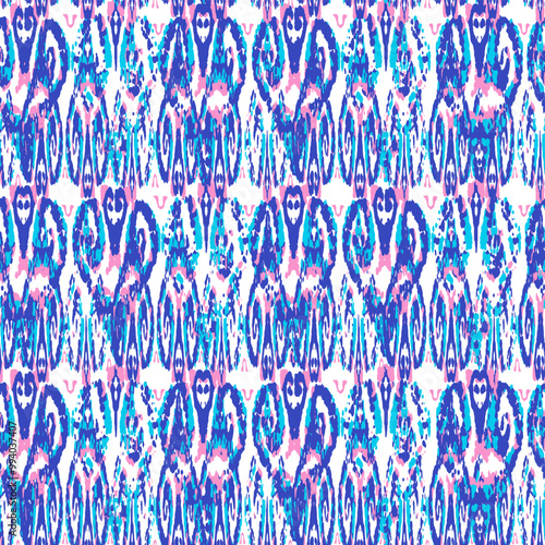 Ethnic Vector Pattern. Bohemian Peacock Print. Fashion Retro Art. Vintage Ornament. Rhombus Watercolor Background. Indigo Blue and Red Geometric Ikat Seamless Design. Abstract Modern Batik.