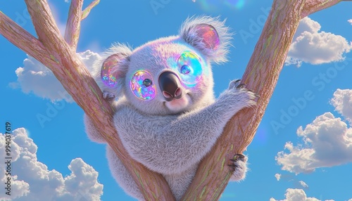 A playful koala with colorful details, perched on a tree branch against a bright blue sky with fluffy clouds. photo