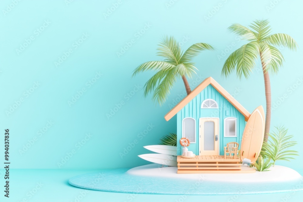 Obraz premium A colorful beach house surrounded by palm trees and surfboards on a tranquil blue background.