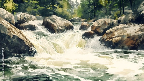 Wild forest river rushing through rocks, dynamic watercolor strokes capturing the energy of the scene