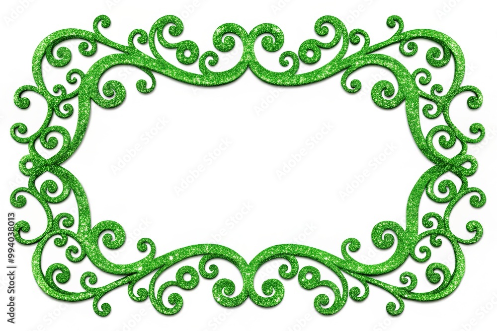 Vibrant green glitter framework surrounds a bright white background, adorned with ornate swirling patterns, perfect for celebratory invitations, congratulatory cards, or festive party decorations. Vibrant green glitter framework surrounds a bright white background, adorned with ornate swirling patterns, perfect for celebratory invitations, congratulatory cards, or festive party decorations.