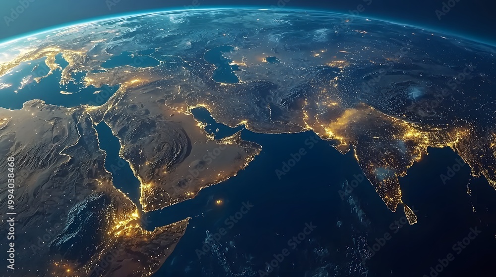 A stunning view of the Middle East and South Asia illuminated at night. A stunning view of the Middle East and South Asia illuminated at night.