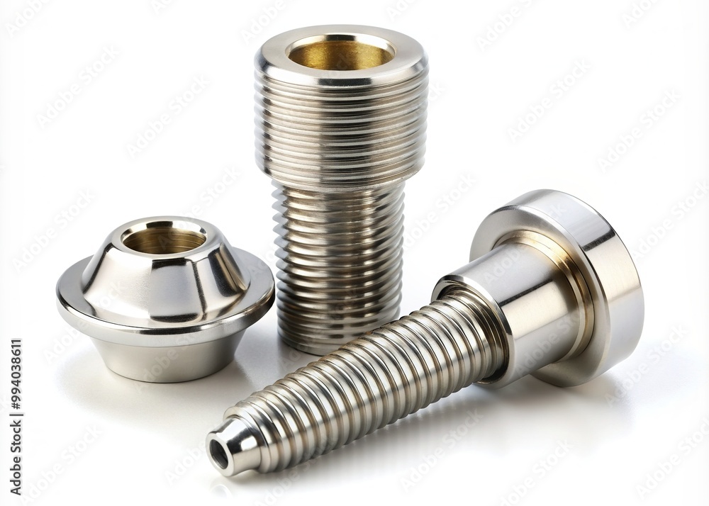 Macro view of dental implant components including abutment, fixture, and screw on a white background, showcasing intricate details and precision engineering. Macro view of dental implant components including abutment, fixture, and screw on a white background, showcasing intricate details and precision engineering.