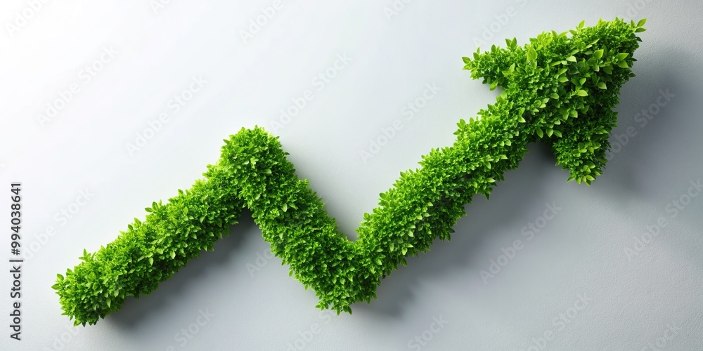 Vibrant green plant elements arranged to form an upward arrow, symbolizing healthy economic growth, profit, and progress, conveying a sense of optimism and expansion. Vibrant green plant elements arranged to form an upward arrow, symbolizing healthy economic growth, profit, and progress, conveying a sense of optimism and expansion.