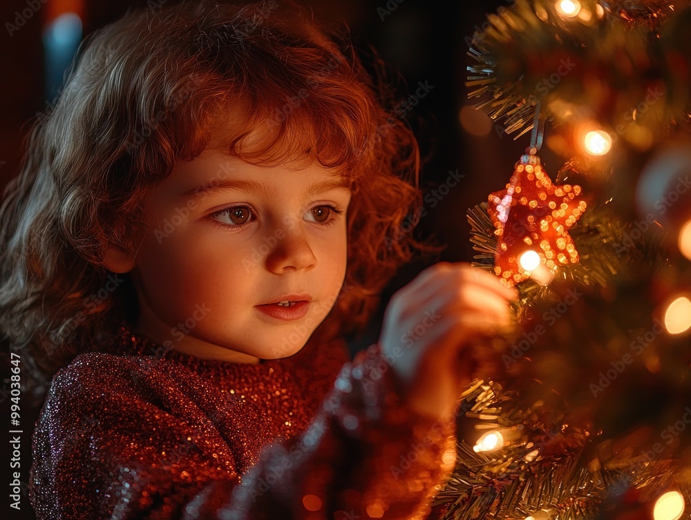 A curious child lovingly hangs ornaments on a glowing Christmas tree, embracing festive joy A curious child lovingly hangs ornaments on a glowing Christmas tree, embracing festive joy