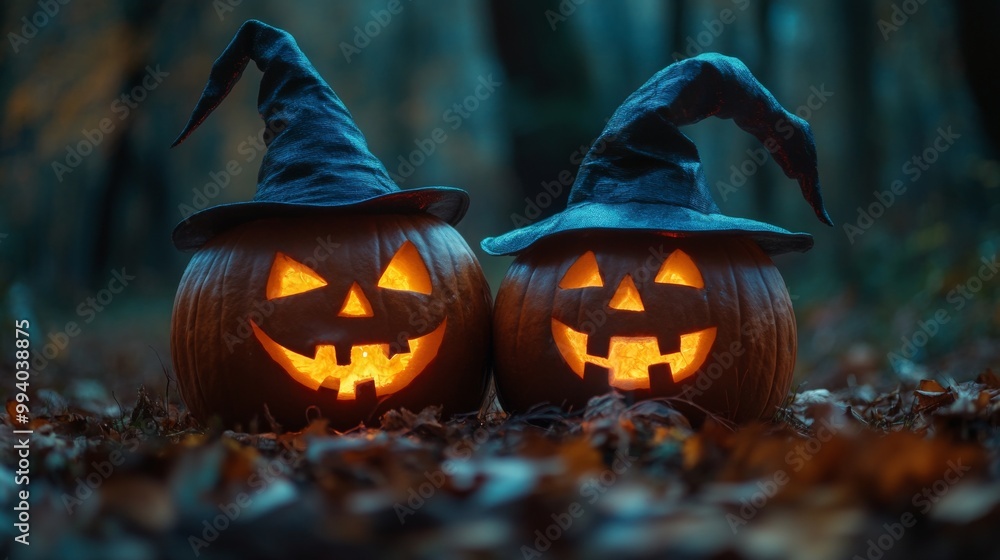 Glowing Jack-O'-Lantern Pumpkins with Witch Hats in Foggy Halloween Night Glowing Jack-O'-Lantern Pumpkins with Witch Hats in Foggy Halloween Night