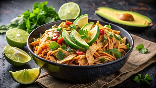 Vibrant mix of juicy rotisserie chicken, crunchy tortilla strips, creamy avocado, and fresh cilantro, served in a black bowl with a lime wedge garnish. photo