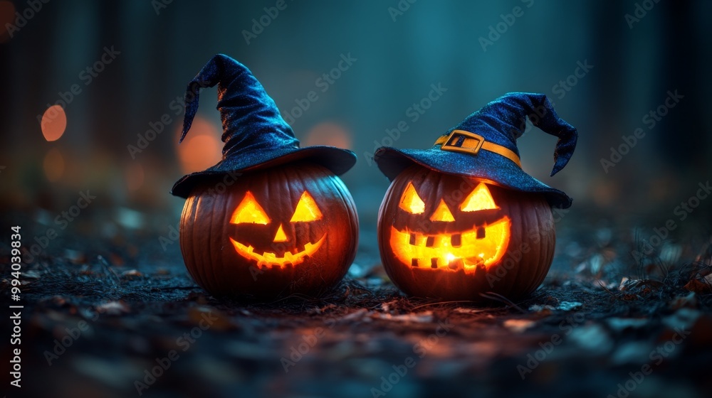Naklejka premium Spooky Glowing Jack-O'-Lantern Pumpkins with Witch Hats in a Dark Foggy Halloween Forest