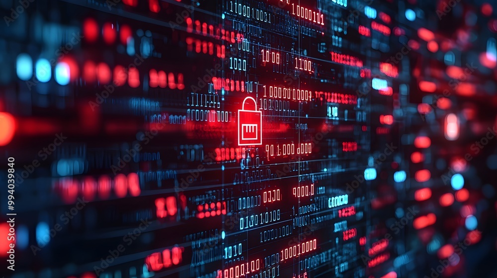 Digital encryption lock on a glowing binary background. Digital encryption lock on a glowing binary background.