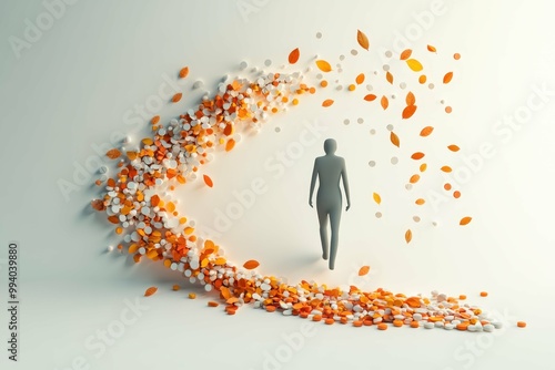 A digital figure walking down a path lined with leaves and pills representing the journey through the landscape of drug legalization photo