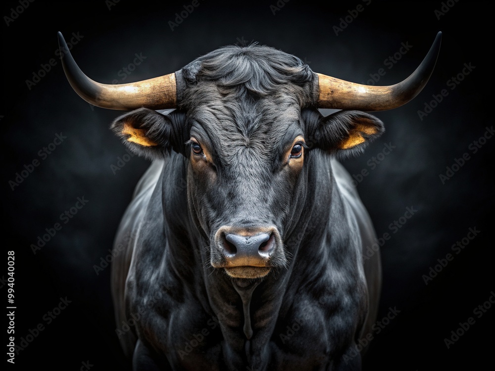 Naklejka premium A powerful bull with dark, rugged fur stands against a dramatic black backdrop, exuding intensity and mystery through its strong features and piercing gaze.