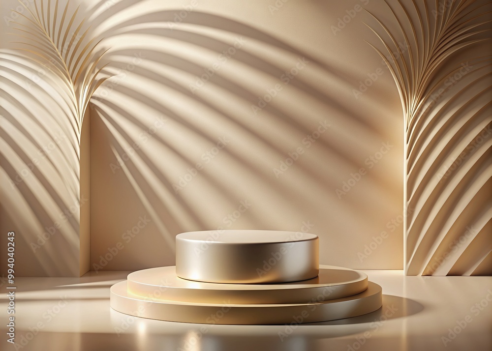 Elegant 3D podium display on natural beige banner backdrop with soft light and subtle shadows, perfect for promoting beauty and cosmetic products in a sophisticated setting. Elegant 3D podium display on natural beige banner backdrop with soft light and subtle shadows, perfect for promoting beauty and cosmetic products in a sophisticated setting.