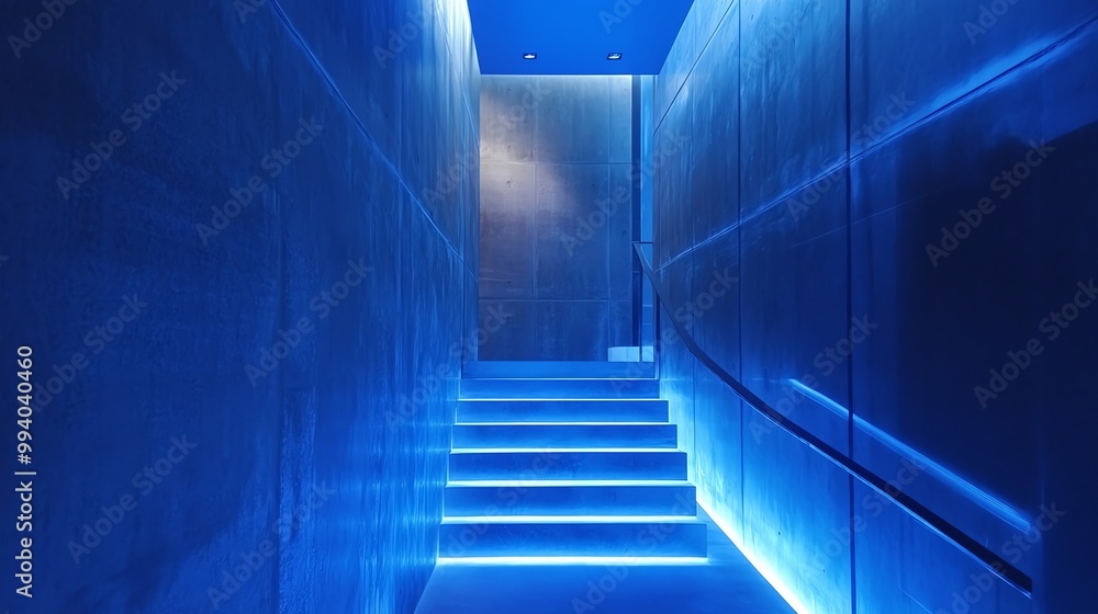 Obraz premium A modern blue-lit staircase leading upward, creating a futuristic and serene atmosphere for architectural inspiration.